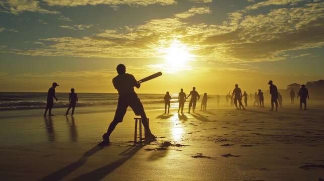 Silhouetted figures playing beach cricket at golden sunset, sandy coastline, ocean waves in background, family beach activities, person batting with wooden stumps, warm evening light, long shadows on
