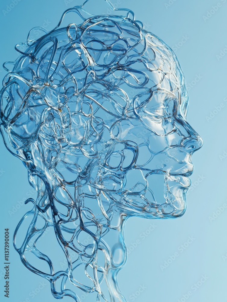 Poster abstract head outline interface on blue background. ai and machine learning concept. 3d rendering