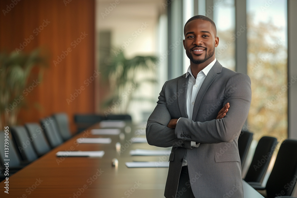 Poster man in a suit stands in front of a conference table with a smile on his face. he is dressed professi