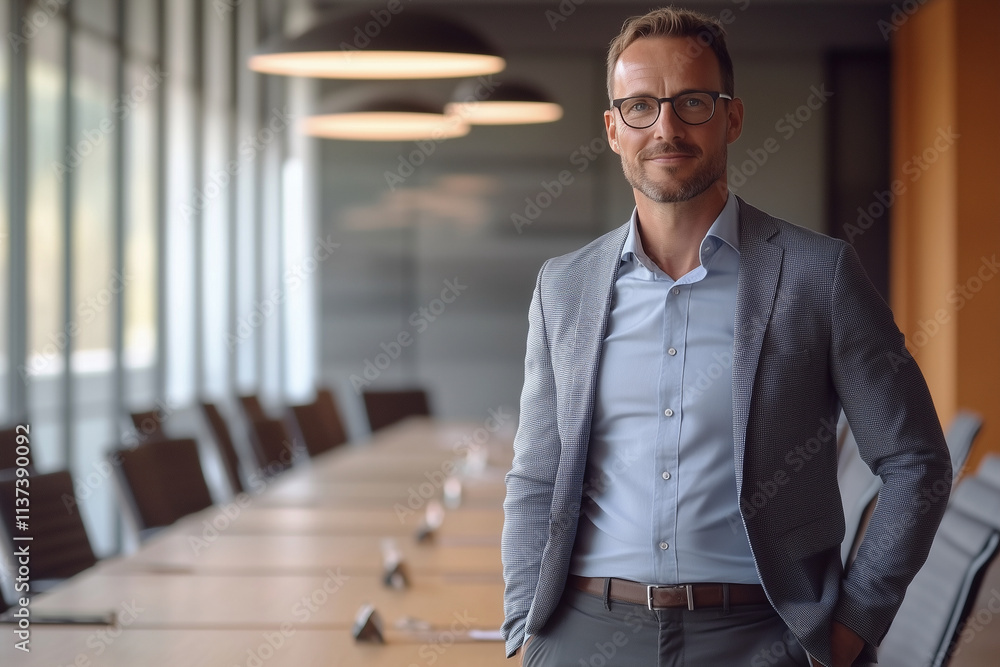 Poster man in a suit stands in front of a long table with several chairs. he is smiling and he is confident