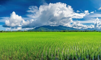 Fototapeta premium Lush green rice fields under a vibrant blue sky with clouds.