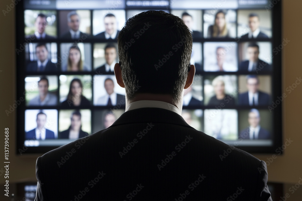 Poster man in a suit is watching a television screen with a large number of people on it. the man is lookin