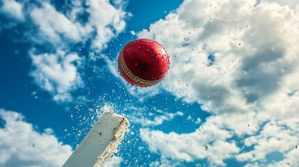 Red leather cricket ball hitting white stumps, bails knocked off, dramatic low angle view, fluffy clouds, azure sky background, action sports moment, crisp detail photography