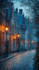 Fototapeta premium A tranquil, misty street lined with historic buildings and glowing lamps.