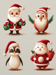 Christmas characters card set. Santa, penguin and fir-tree, white rabbit and owl, elf with gift. 2020 new year party vector invitation