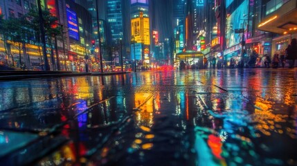 Fototapeta premium A vibrant cityscape reflecting neon lights on a rainy night.