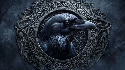 Celtic raven spell with a sinister raven head materialising within a circular emblem of elaborate celtic, pagan and runic symbols. Runic. Illustration