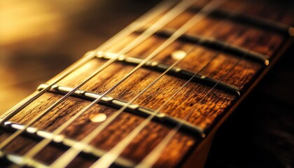 Fototapeta premium Close-up of a wooden guitar fretboard with metal strings.