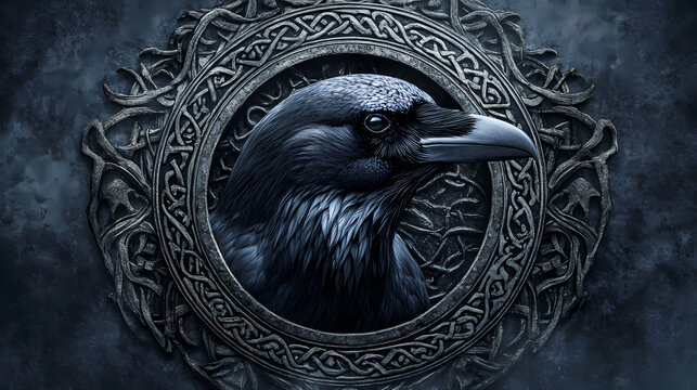 Celtic raven spell with a sinister raven head materialising within a circular emblem of elaborate celtic, pagan and runic symbols. Runic. Illustration