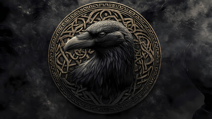 Celtic raven spell with a sinister raven head materialising within a circular emblem of elaborate celtic, pagan and runic symbols. Runic. Illustration