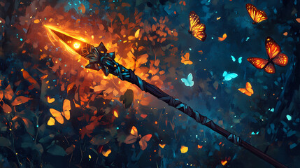 Forest, whimsical, glowing eyes, runic symbols, spear, magical, vibrant foliage, glowing butterflies, fantasy, storybook, enchanting, mystical, colorful, imaginative, cute. Runic. Illustration