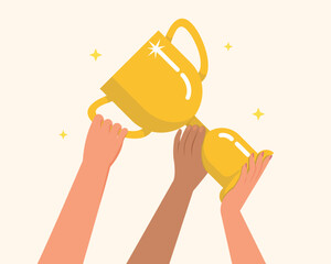 Hand holding gold trophy cup together. Winner trophy award, prize goblet.