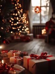 Decorated xmas table with Merry Christmas gifts in cozy Santa home interior, banner. Happy New Year presents boxes in workshop late in night with lights on xmas tree, holiday eve background.