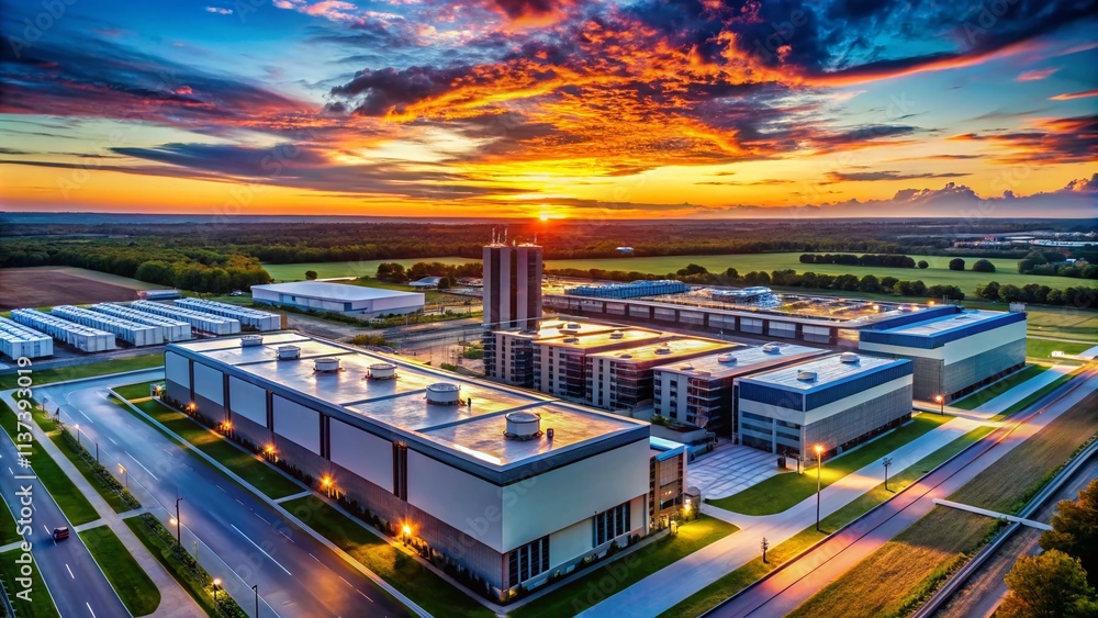 Poster aerial drone view of data center server farm, internet infrastructure, cloud computing technology