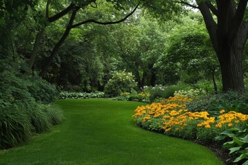 Lush garden path with vibrant flowers amidst dense greenery.