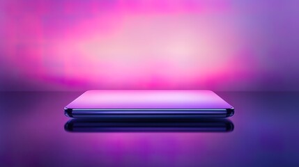 Purple smartphone mockup on reflective surface with vibrant pink and purple background.