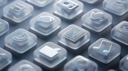 A collection of translucent app icons with various symbols.