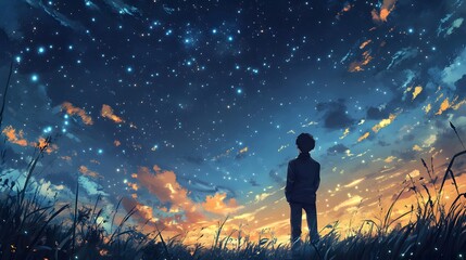 Obraz premium Lone Figure Gazing at a Starlit Twilight Sky