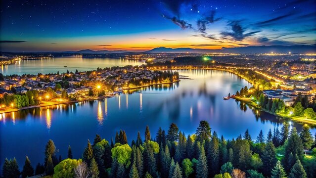 Aerial Panorama Silver Lake Everett WA Night Photography - Stunning Night Sky Reflection