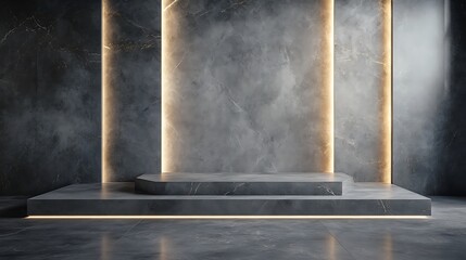 Elegant Dark Marble Platform with Golden Lighting Ideal for Product Showcases,Luxury Branding,and Modern Interior Design Presentations