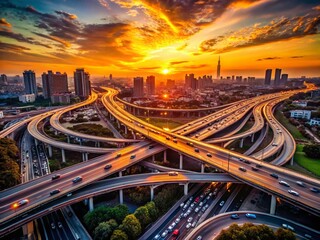 Naklejka premium Aerial Silhouette Photography: Traffic Jam, Multilevel Intersection, City Highway Congestion