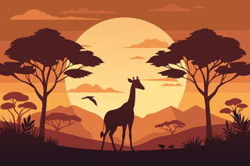 Fototapeta premium Vector Art of Giraffe at Sunset in African Savannah