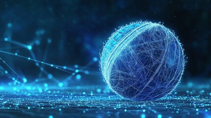 neon-traced cricket ball, digital landscape, interconnected light points, floating technological sphere, modern sports visualization, electric blue theme