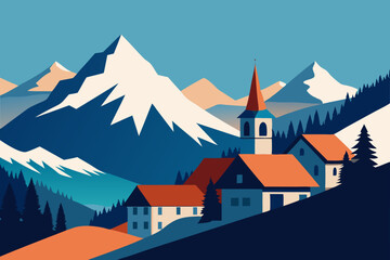 A serene alpine village with snow covered roofs and mountains