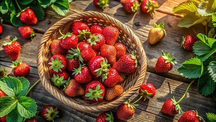 Aerial Strawberry Basket Photography: Drone Shot of Ripe Strawberries in a Rustic Basket, High-Resolution Image