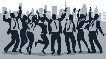 Silhouettes of business professionals joyfully dancing in an urban city background, symbolizing teamwork, collaboration, success, and celebration in a modern corporate environment. 