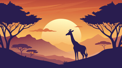 Vector Art of Giraffe at Sunset in African Savannah