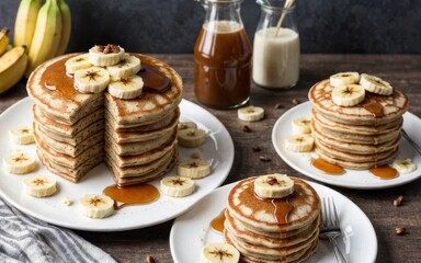 A delicious stack of pancakes topped with banana slices and syrup, served with drinks.