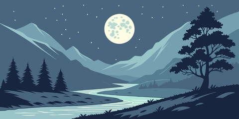 Fototapeta premium Vector Art of Moonlit Mountain River Landscape