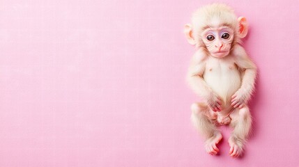 Cute Baby Monkey Sitting on Pink Background with Curious Expression