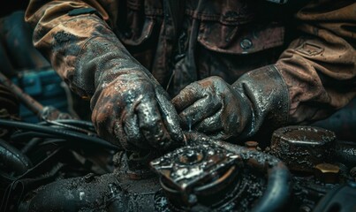 A mechanic working on a dirty engine, focused on repairs and maintenance.