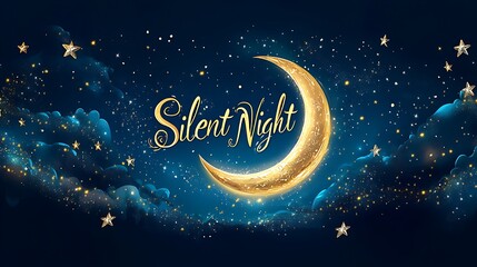 Naklejka premium Silent Night written in soft glowing script, crescent moon with a halo of light, deep navy background with twinkling silver stars, subtle gradient adding depth. --ar 16:9