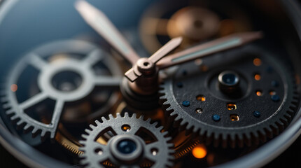 Sharp close-up of precise watch gears with metallic textures and subtle orange highlights, clearly visible against a dark watch dial.