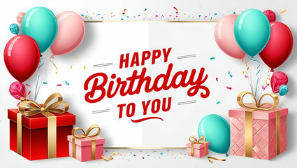 A stylish vector template for a birthday banner, showcasing 'Happy Birthday to You' text in a white background with cheerful balloons, wrapped gifts, and festive elements for greeting designs.