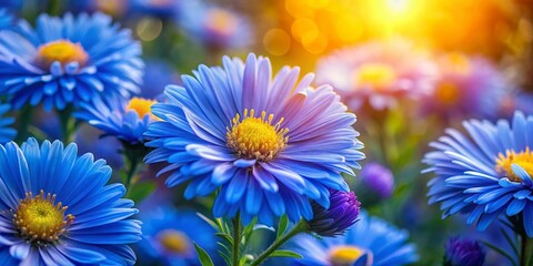 Fototapeta premium Aerial View Blooming Aster Flowers, Blue Petals, Bokeh, Sunset, Evening Light, Nature Photography