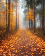 Obraz premium A misty forest path lined with vibrant autumn leaves.