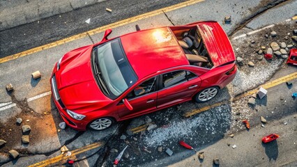 Fototapeta premium Aerial View Car Crash: Red Vehicle Rear Bumper Damage, Road Accident Repair Insurance Claim
