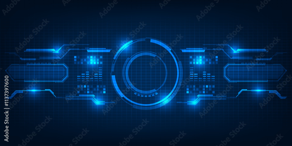 Poster vector illustration of futuristic blue digital high technology with circle hud and digital circuit e