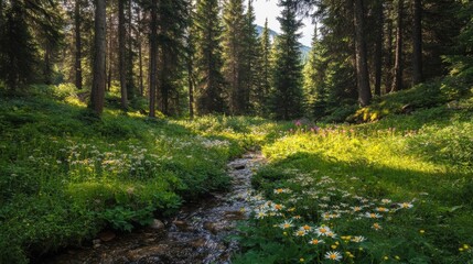 Fototapeta premium A serene forest scene with a stream and blooming wildflowers.