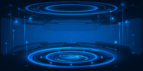 DigitalVector illustrations of futuristic stage platform empty space with digital element around.Digital technology artwork. © Alleachday