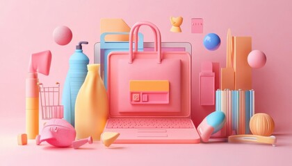 A vibrant arrangement of colorful, stylized objects and a laptop.