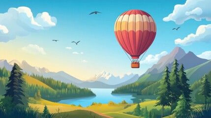 Naklejka premium A colorful hot air balloon floats over a serene landscape with mountains.
