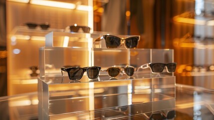 Stylish sunglasses displayed in a showcase