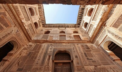 Intricate architectural details of a historic building with a clear sky.