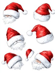 Santa red hats with white fur and ink sketch set. Isolated Christmas holiday vector decoration illustration