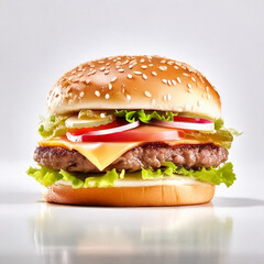 hamburger on a white background, front view of burger on clear white studio background